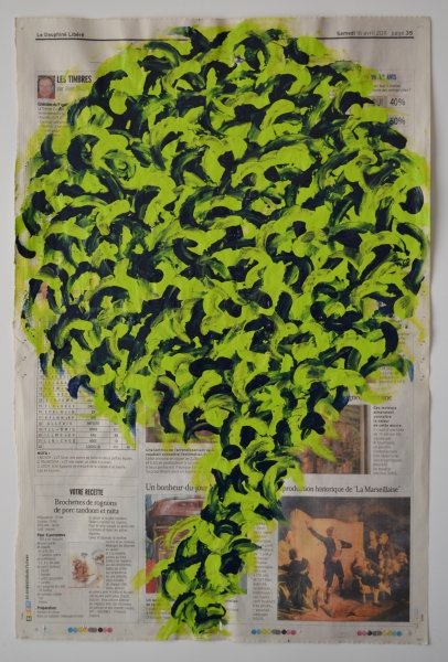 Arbre 16 avril 2011, acrylique sur papier journal, 50 x 33 cm