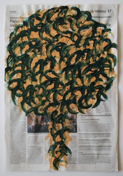 Arbre 16 février 2011, acrylique sur papier journal, 47 x 32 cm.