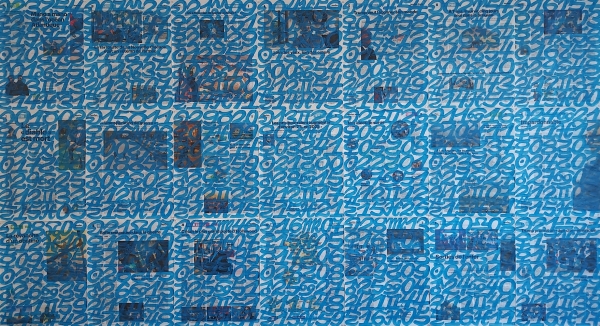 Le Ciel, 2025, peinture acrylique sur papier journal, œuvre en cours. 