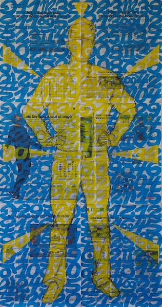 Le Ciel avec Portrait 4, Homme Chinois 2026, acrylique sur papier journal, 108 x 56 cm.