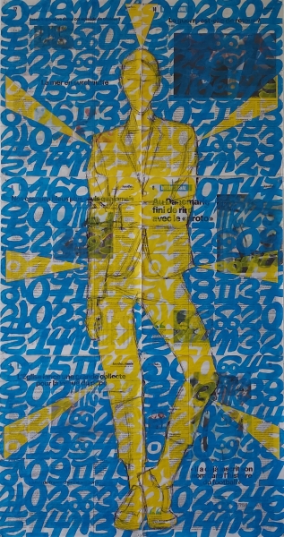Le Ciel avec Portrait 5, Femme Espagnole, 2026, acrylique sur papier journal, 108 x 56 cm.