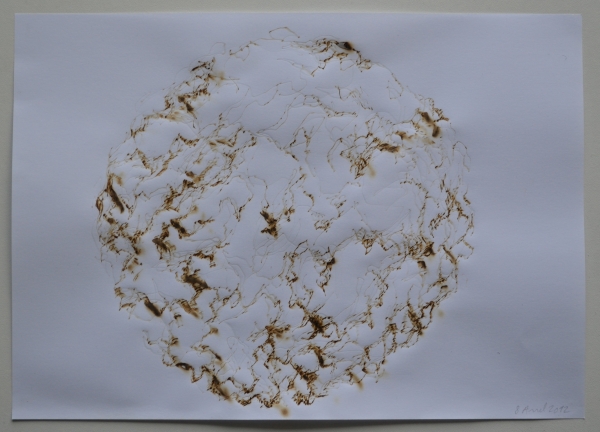 Mappemonde Feu, pyrogravure sur papier blanc, 21 x 29,7 cm
