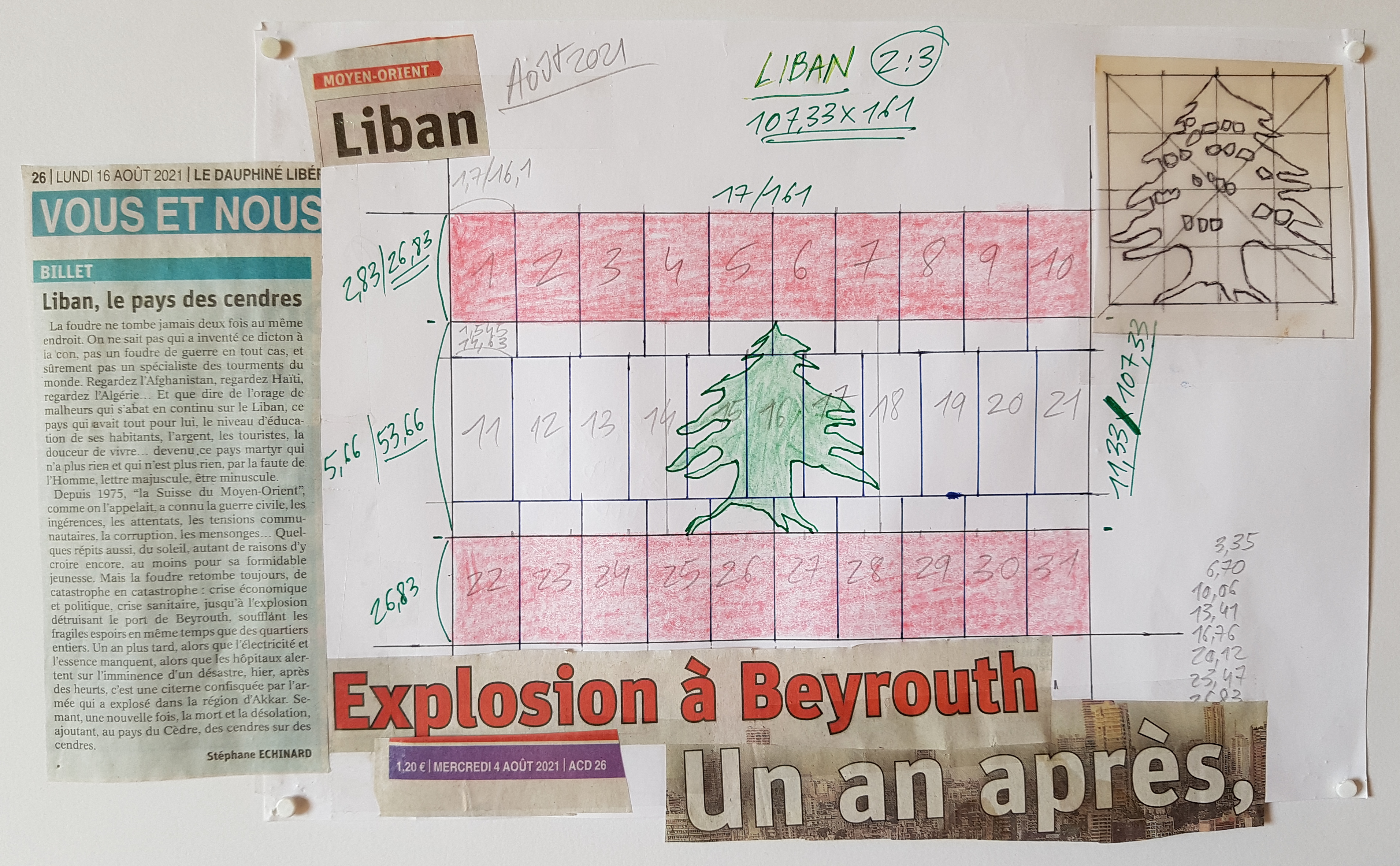 Etude pour le drapeau du Liban, technique mixte sur papier, 22 x 35 cm.