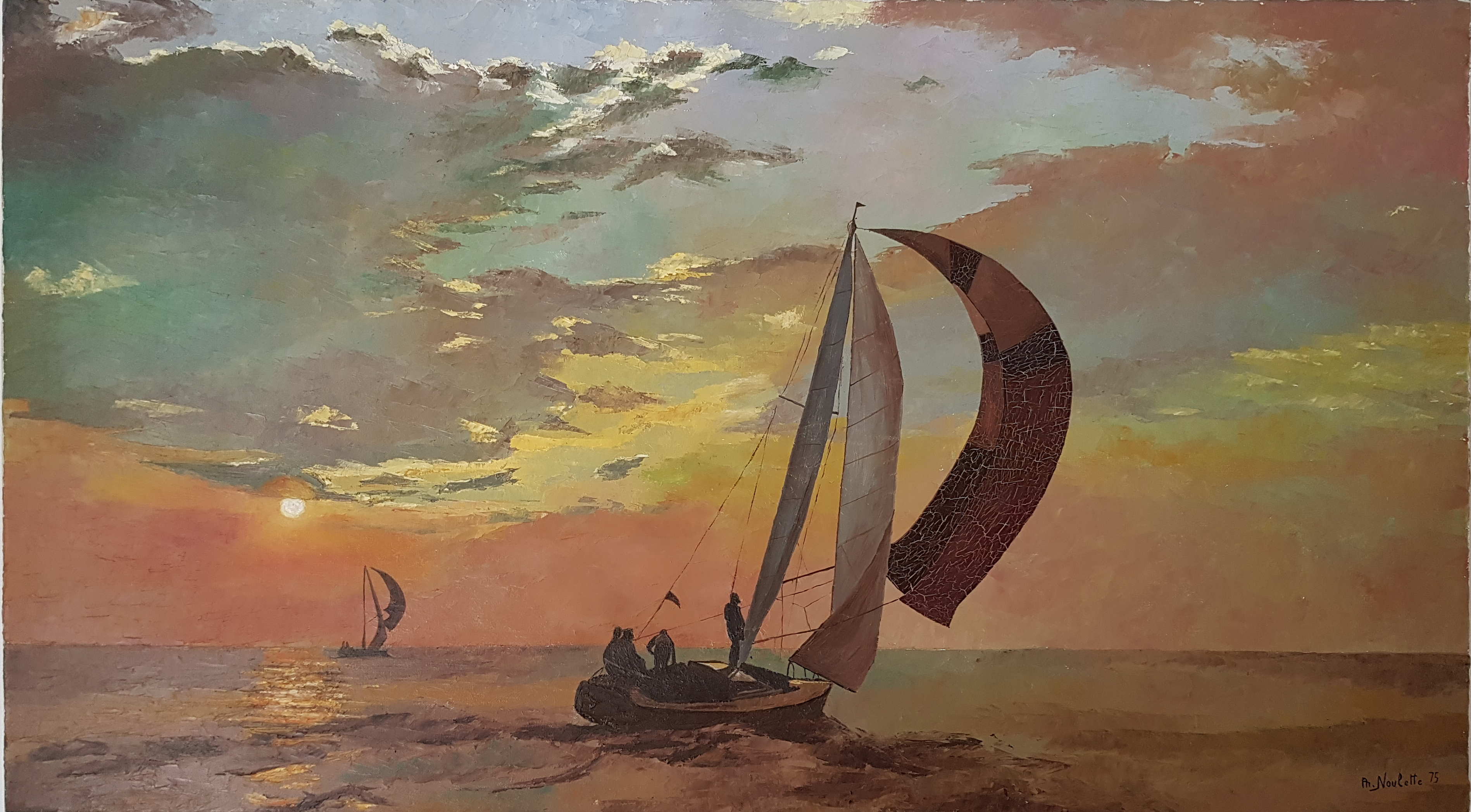 Coucher de Soleil, 1975, huile sur toile/chassis, 70 x 124 cm. Cette peinture sans prétention, réalisée innocemment à l