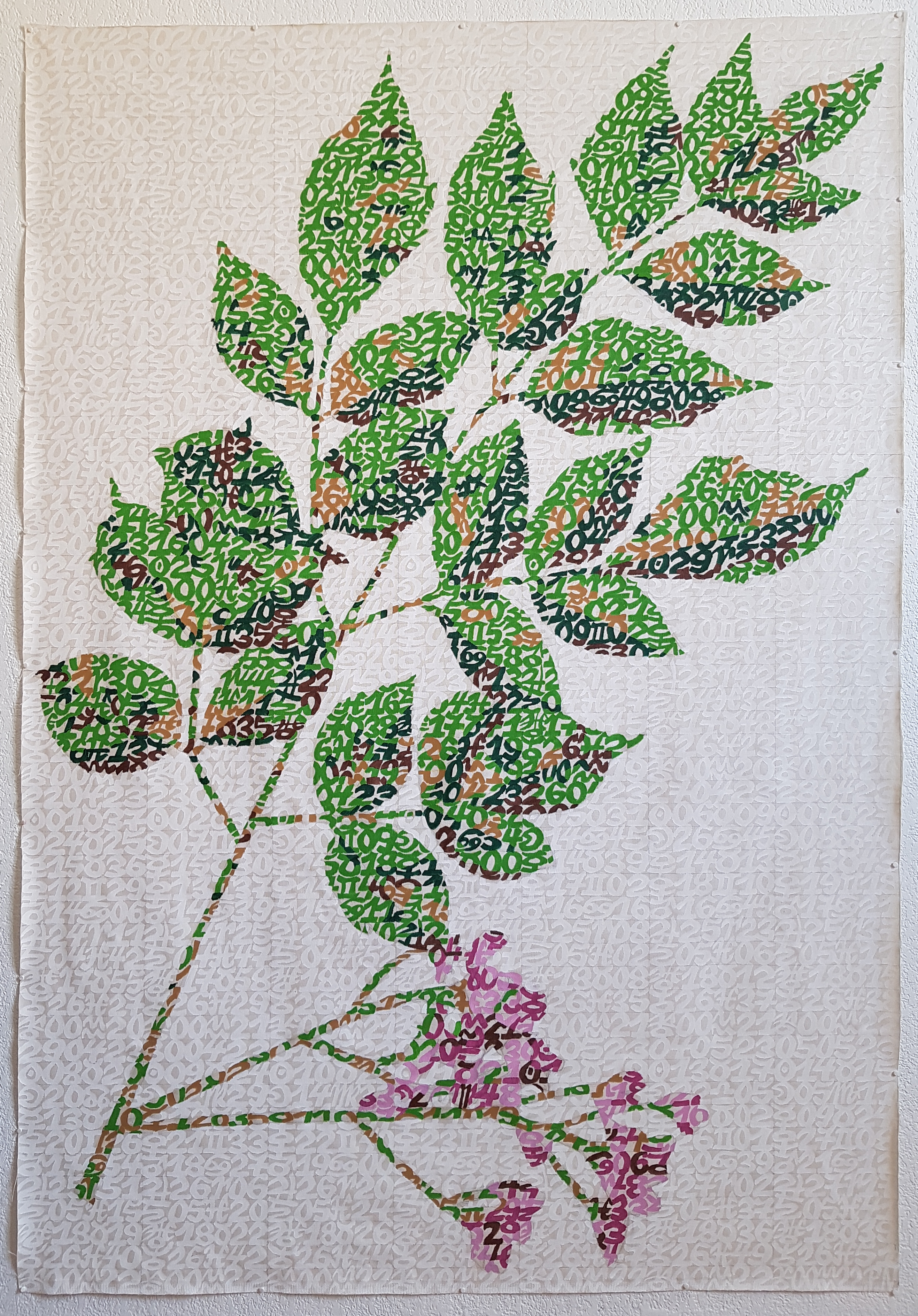 Feuilles et fleurs de Lilas des Indes, éphéméride du 01.04.23 au 05.05.23, acrylique sur tissu libre, 139 x 96 cm.